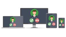 A graphic of a laptop, desktop, tablet and smartphone all showing an incoming VoIP call