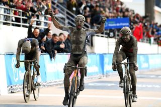 Sonny Colbrelli tops Florian Vermeersch (R) and Mathieu van der Poel (L) to win Paris-Roubaix 2021