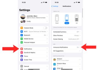 Steps for how to find Announce Notifications within iOS Settings.