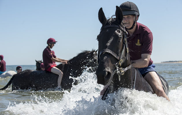 After conducting a normal ride, the horses and riders took to the water