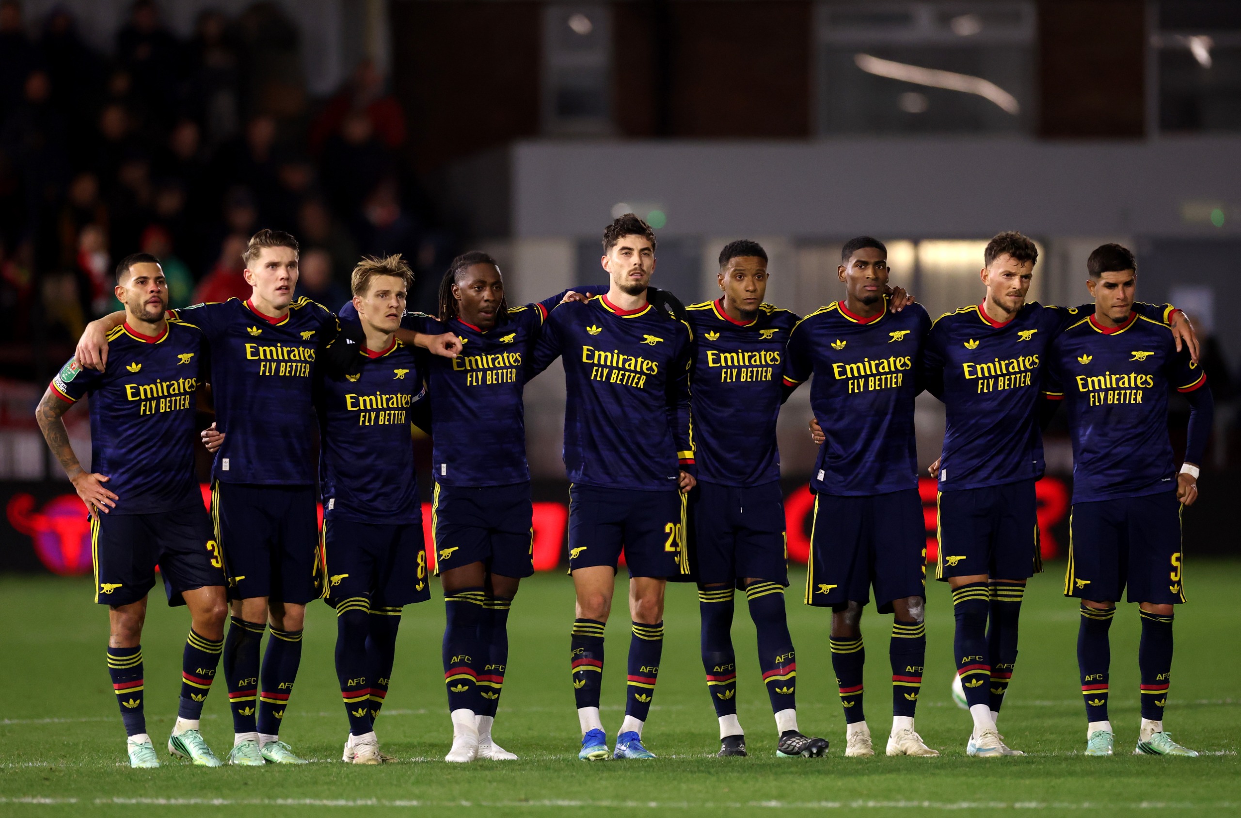 Arsenal players line up for the penalty shootout during the Carabao Cup Fourth Round match against Fleetwood Town