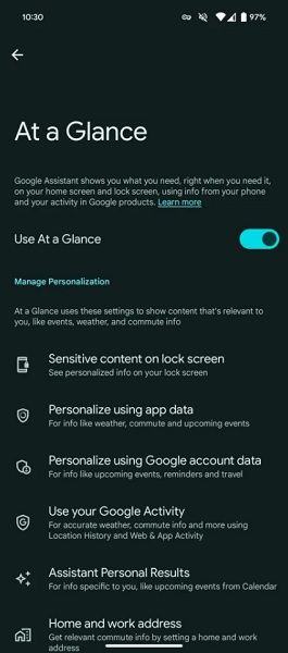 At a Glance receives a new unified settings menu with "Manage Personalization" starting it off.