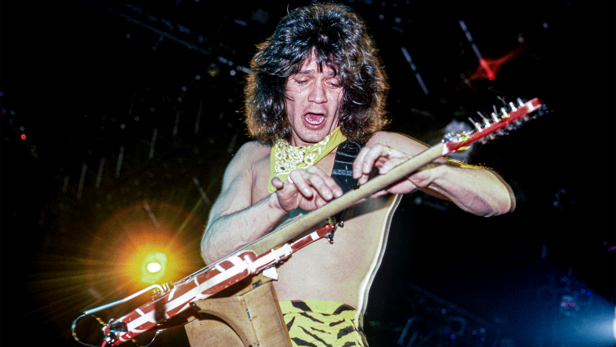 Eddie Van Halen plays his custom Steinberger guitar at Cobo Arena during Van Halen's &amp;quot;1984 Tour&amp;quot; on April 6, 1984, in Detroit, Michigan.