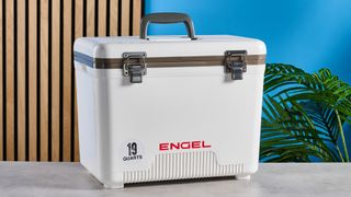 the engel cooler box in 19 quart, the white version capable of fitting 30 cans and a separate plastic tray and a carry strap
