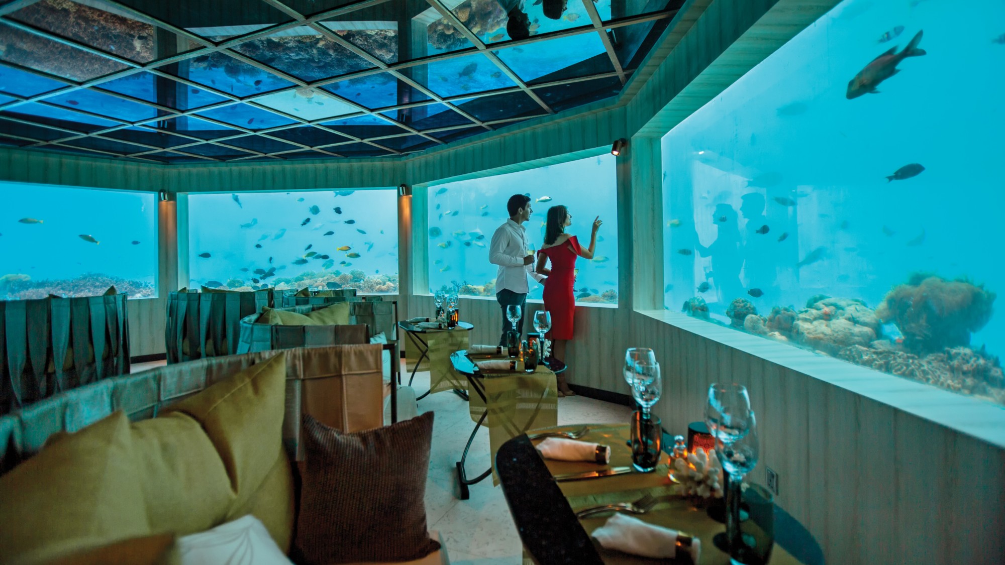 Underwater restaurant with glass walls showing fish and coral