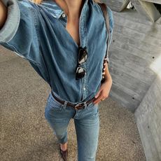 Sara Walker in an all-denim outfit