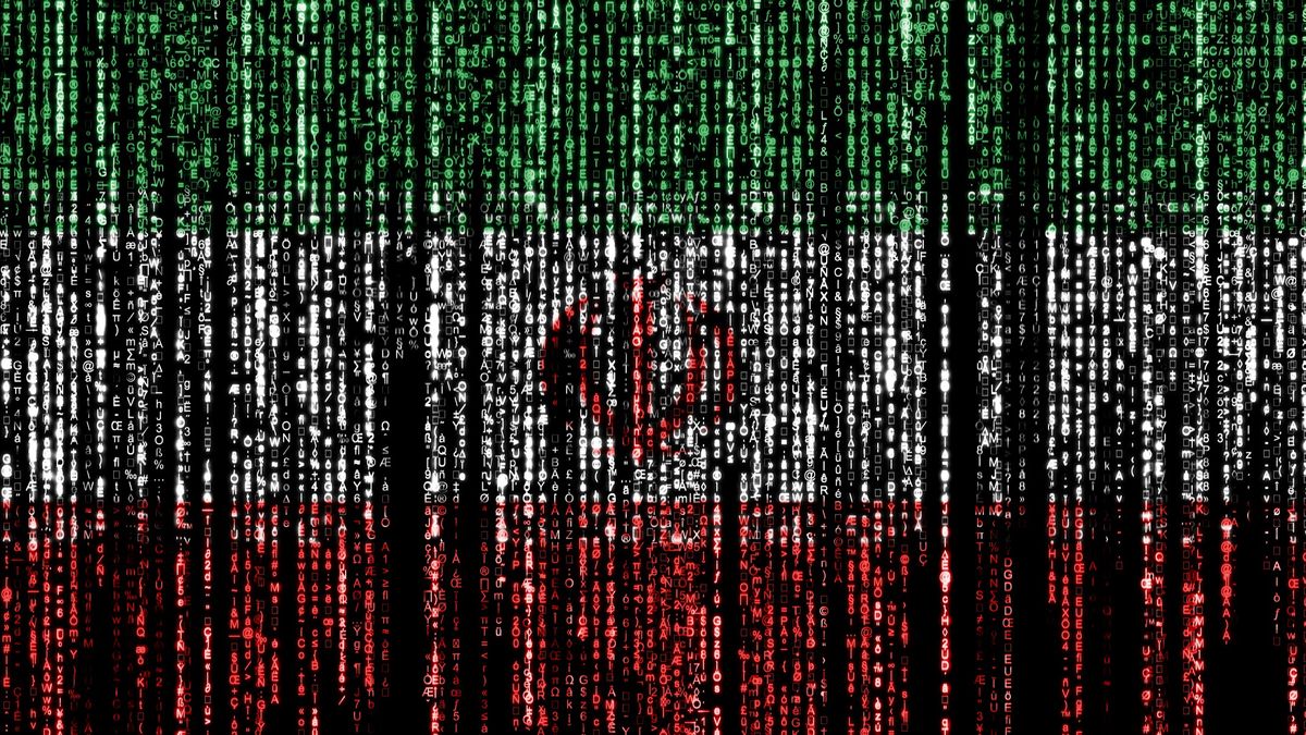 Flag of Iran on a computer binary codes falling from the top and fading away