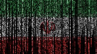 Flag of Iran on a computer binary codes falling from the top and fading away