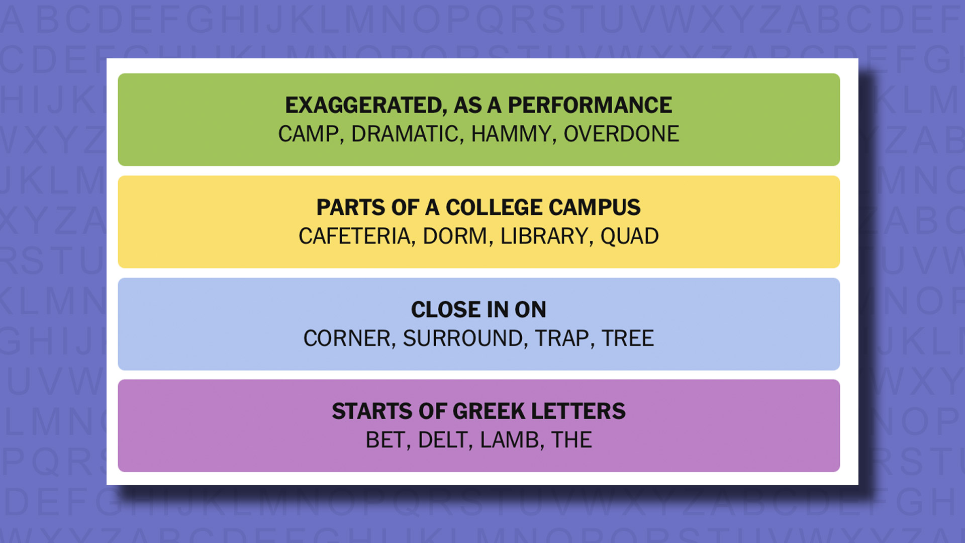 NYT Connections answers for game 766 on a purple background
