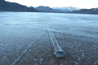A GPS-mounted boulder leaves a trail on Racetrack Playa
