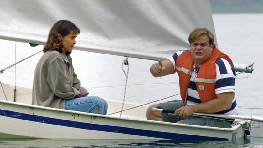 Tommy and Michelle in a boat in Tommy Boy.