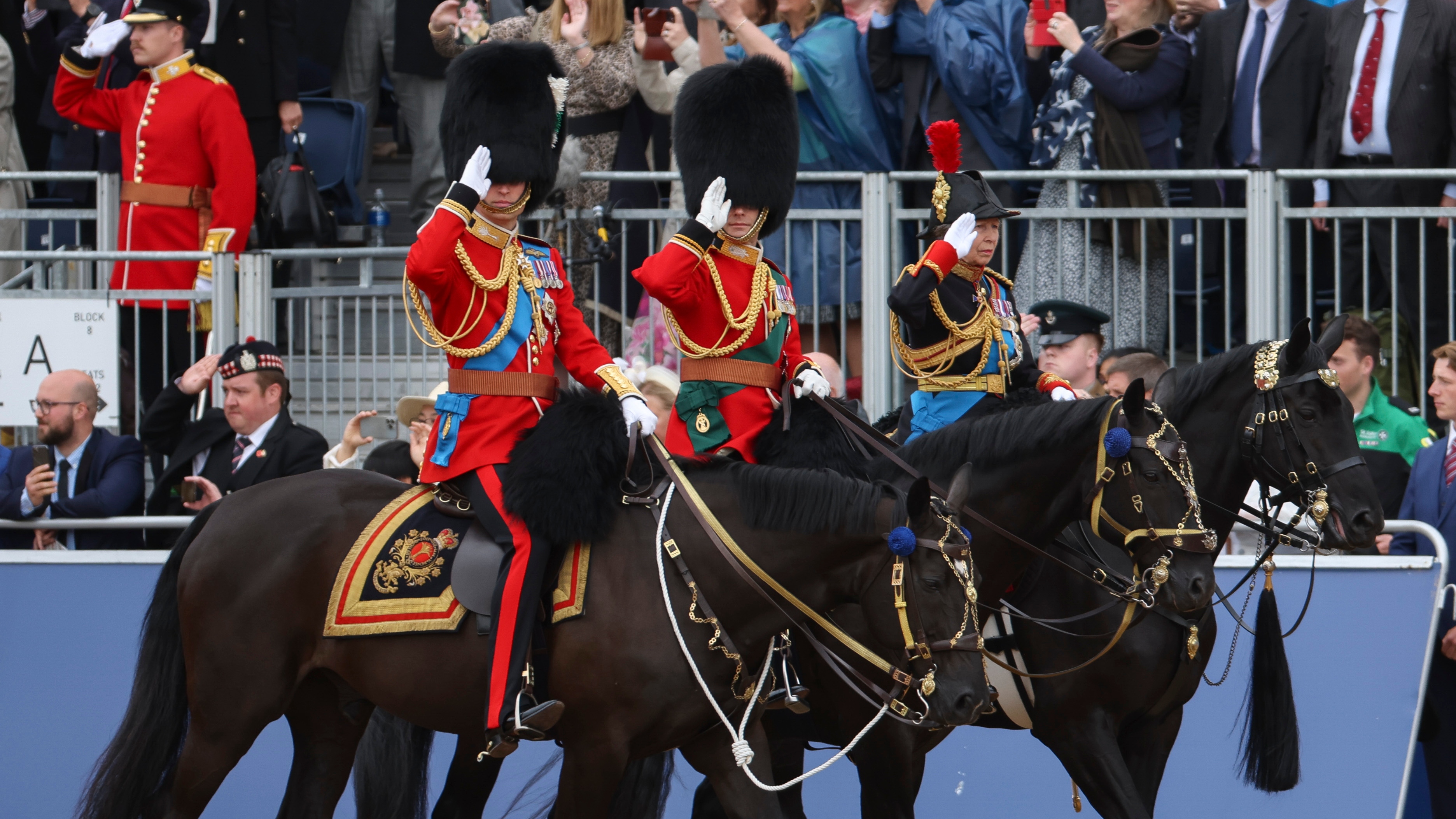 Prince William, Prince of Wales, Prince Edward, Duke of Edinburgh and Princess Anne the Princess Royal during Trooping the Colour on June 15, 2024