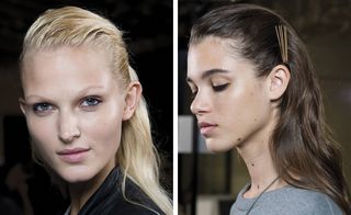 Orlando Pita pulled back wet hair, fixing it to one side with a set of golden bars, as Val Garland's 'early 1990s' fresh look focused on thin black-lined eyes