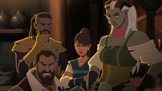 Dragon Age: Absolution - Four characters stand together inside a tavern looking disapproving.