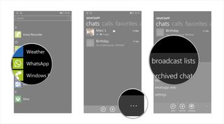 Launch WhatsApp, tap more, and tap broadcast lists.