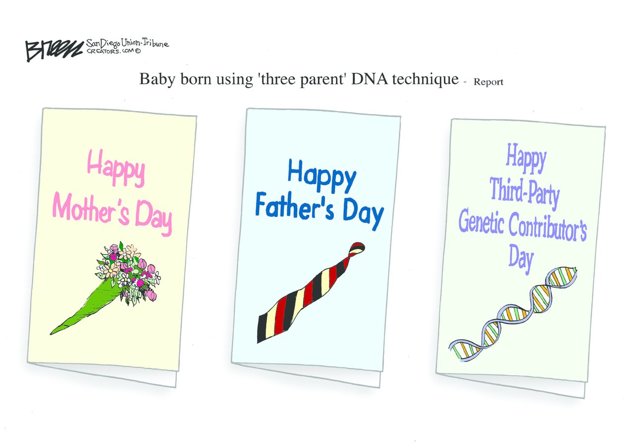 Editorial cartoon U.S. three parent DNA baby card