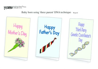 Editorial cartoon U.S. three parent DNA baby card