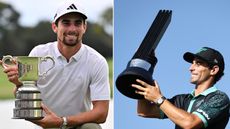 Joaquin Niemann kisses a trophy and poses with one