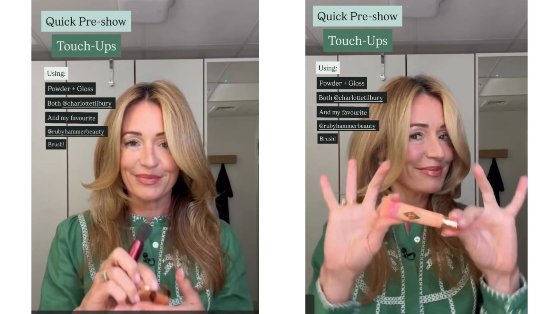 Cat deeley pictured in a green top, applying charlotte tilbury powder and lip gloss