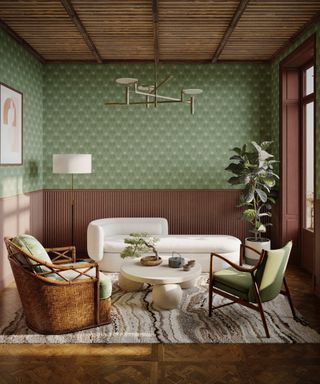 green and wood living room with boucle couch, wicker armchair, parquet flooring, rug, green wallpaper, wooden ceiling, modern coffee table, plan