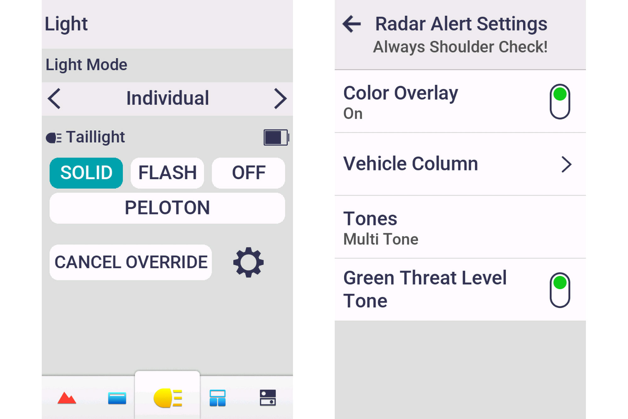 Garmin Edge head unit light and radar setup pages