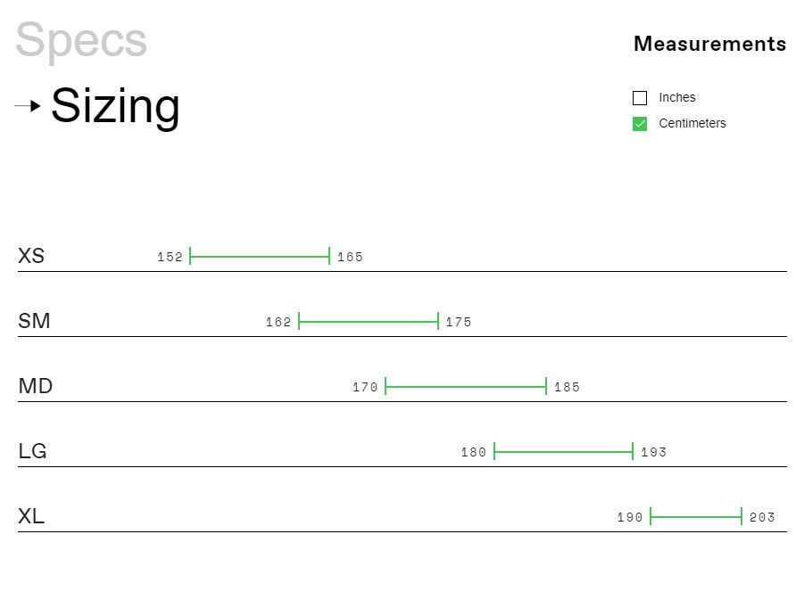 Road bike size guide in this image has increasing bike sizes on the left and individual lines across the page with heights in centimetres on the lines suggesting what size bike might be best.