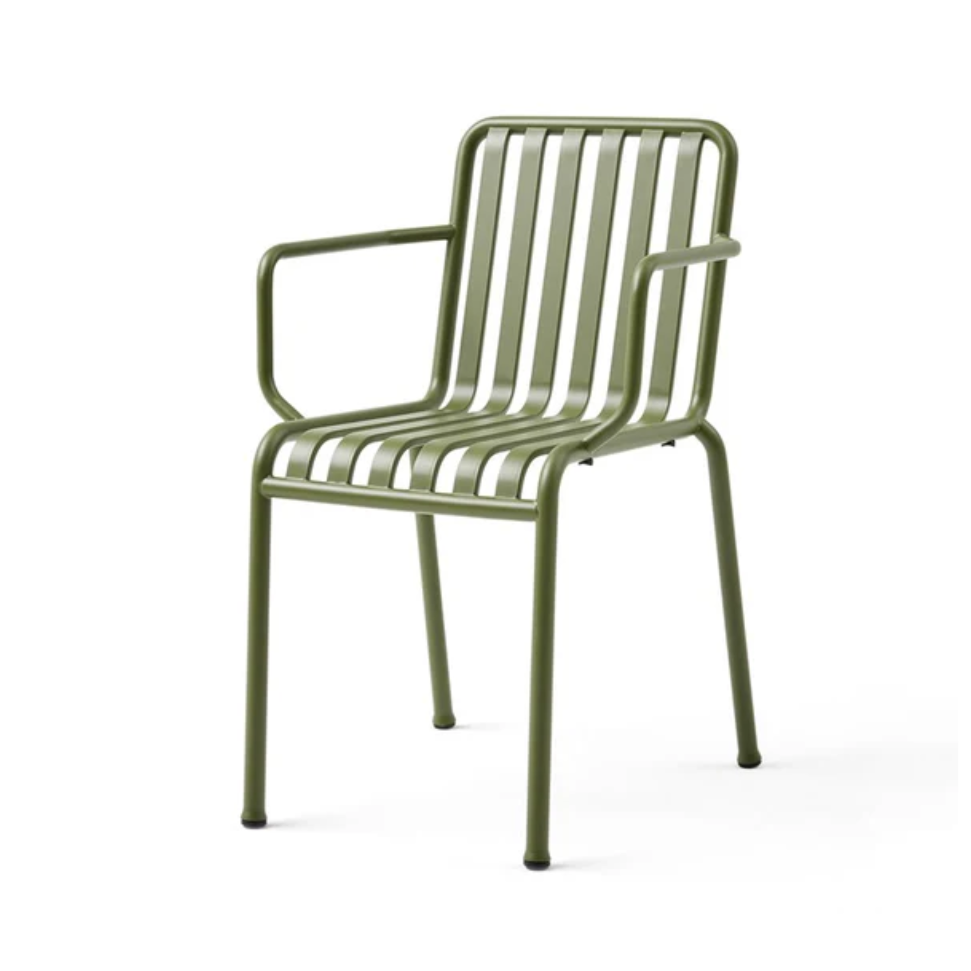 green garden chair with metal slots on the seat and back and metal arms