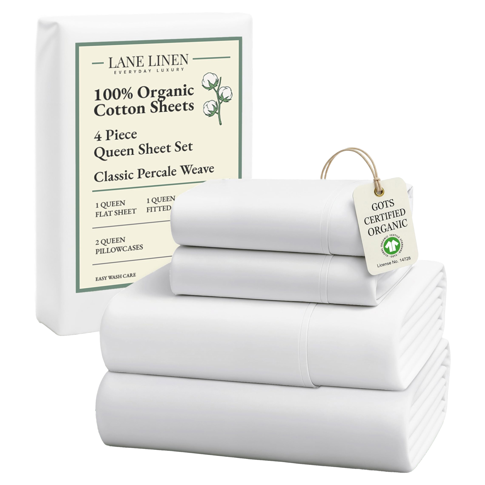 The Lane Linen Organic Cotton Sheet Set in White, neatly folded and piled in the foreground. In the background, the packaging the sheets came in