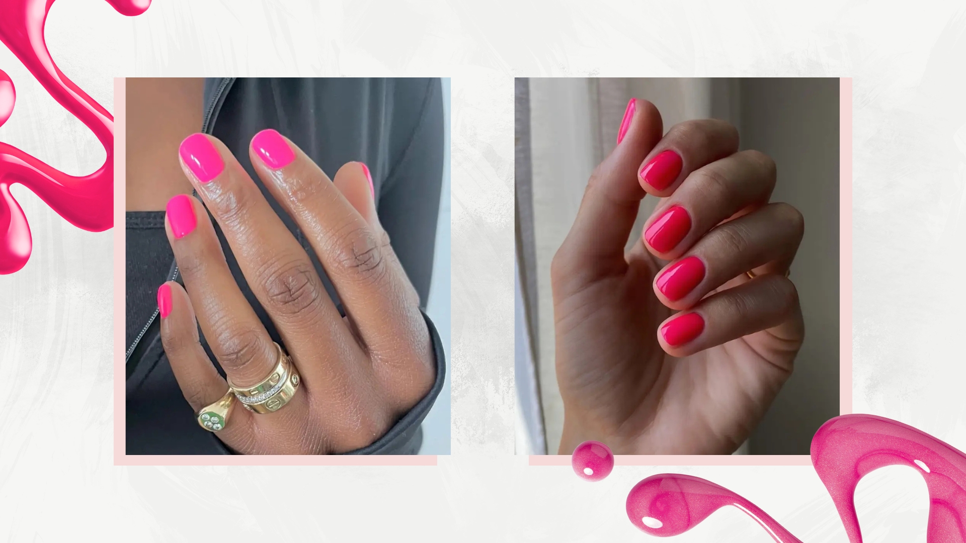A collage of hot pink nail designs: on the left is a close-up of a hand with a bright pink manicure, created by nail artist Julia Diogo (@paintedbyjools). And on the right is a close-up of a hand with neon pink nails by nail artist and digital content creator Mateja Novakovic (@matejanova), in a grey and white background with two hot pink nail polish spills.