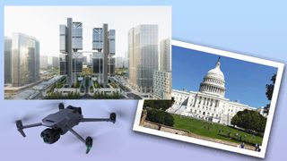 DJI Sky City office and Capitol Hill in Washington in combined image to illustrate the interview