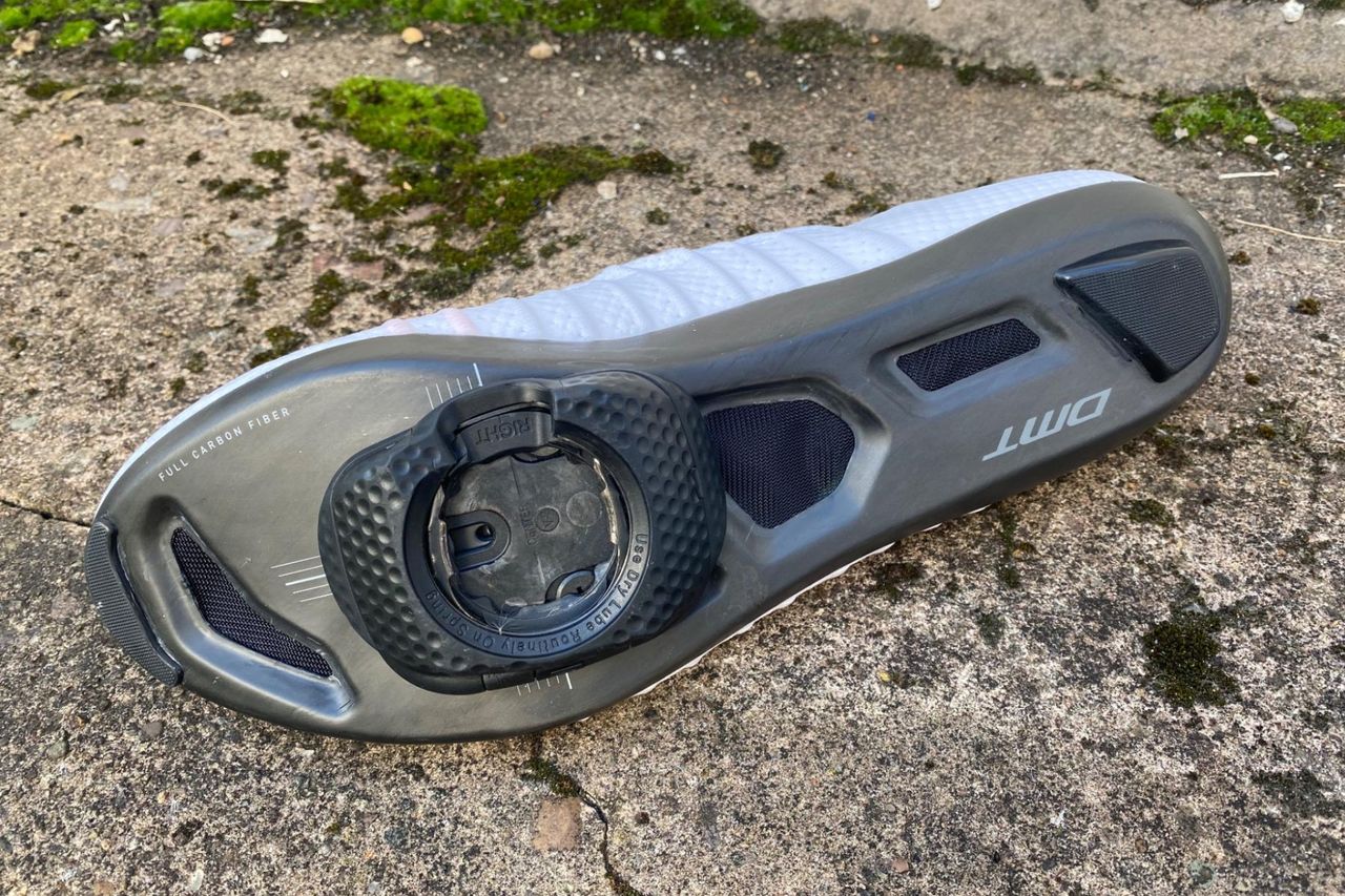 DMT KR-SL road cycling shoes showing carbon soul and cleat