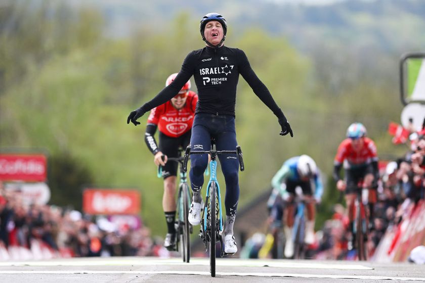 HUY BELGIUM APRIL 17 EDITORS NOTE Alternate crop Stephen Williams of The United Kingdom and Team Israel Premier Tech celebrates at finish line as race winner during the 88th La Fleche Wallonne 2024 Mens Elite a 1986km one day race from Charleroi to Huy UCIWT on April 17 2024 in Huy Belgium Photo by Dario BelingheriGetty Images