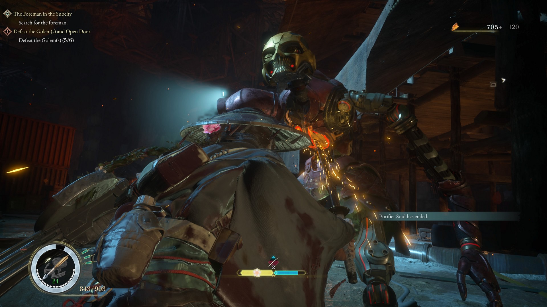 Emma stabs a skeletal robot through the chest in Beast of Reincarnation