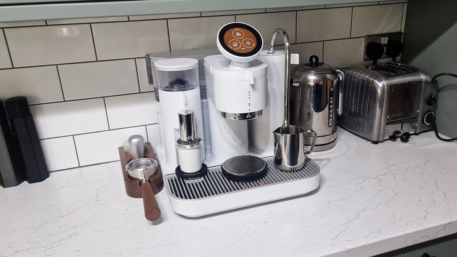 Meraki espresso machine in a white kitchen