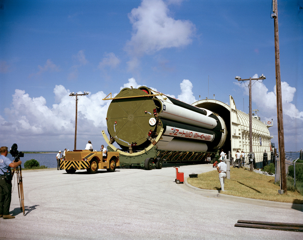 A stage of the uprated Saturn 1 launch vehicle mission unloaded from NASA barge Promise after arrival at Cape Kennedy. This launch vehicle was intended for Apollo/Saturn 204 mission (later renamed Apollo 1).