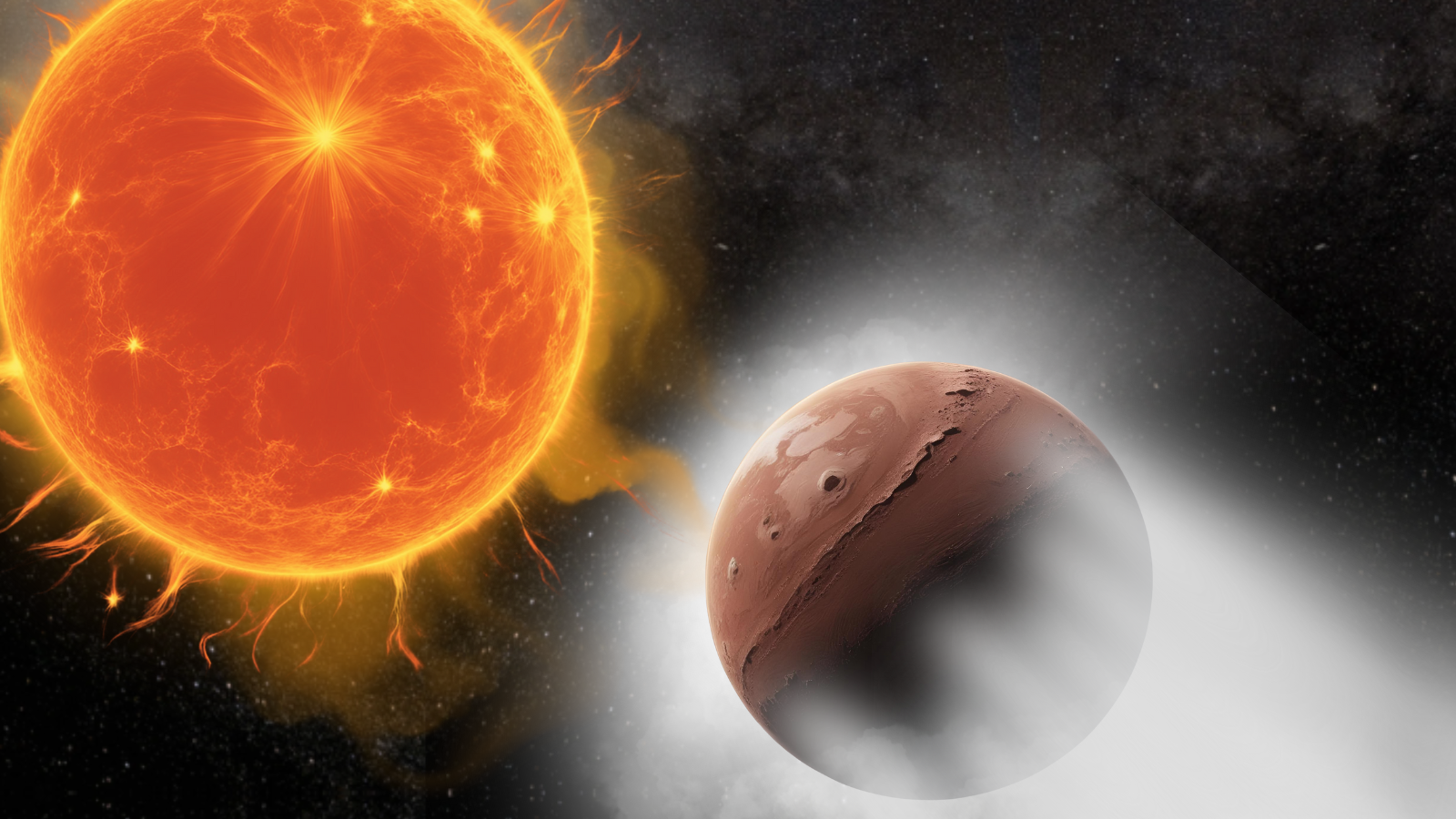 A large orange sphere next to a smaller brown sphere surrounded in white smoke