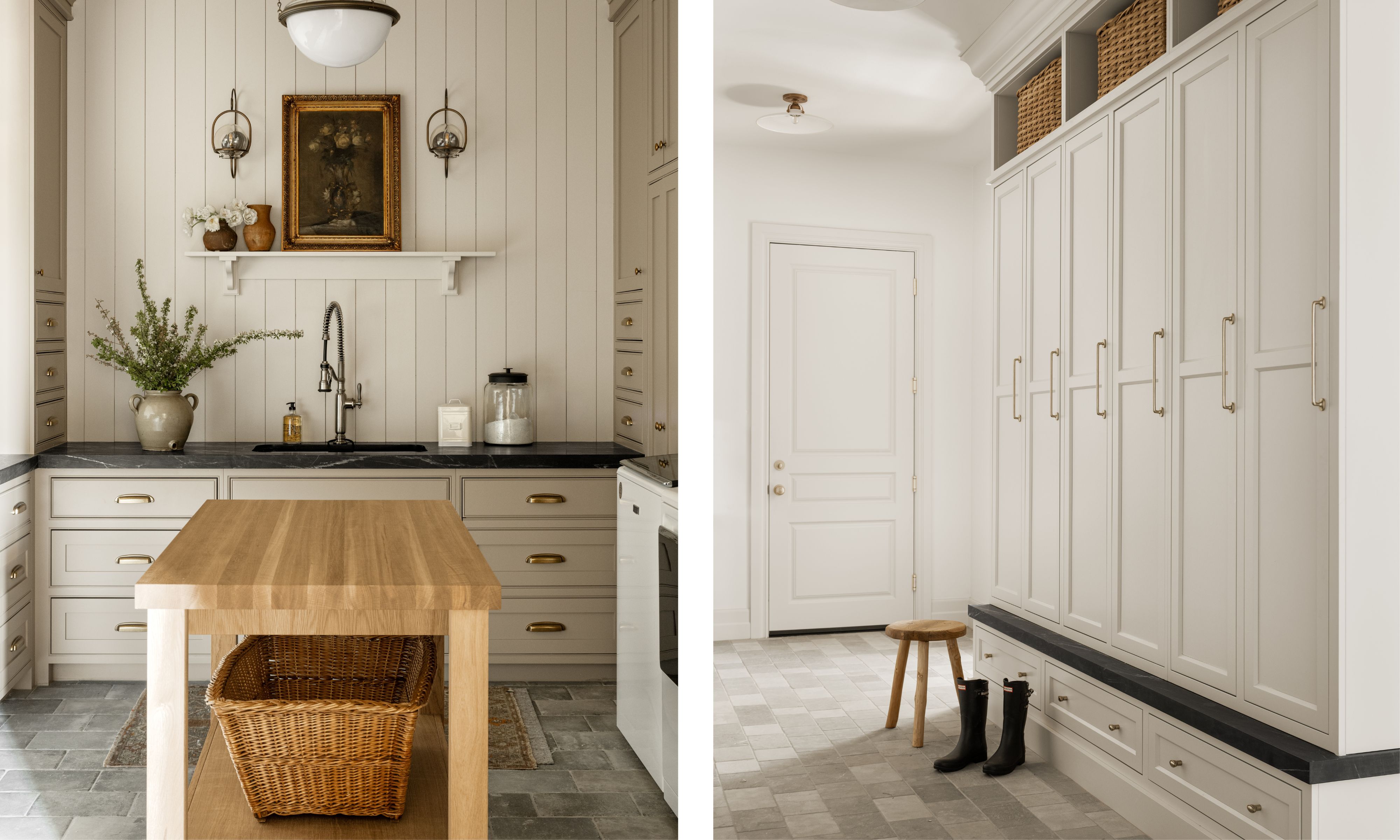 two side by side images of a beige laundry room with a wooden island and vintage art next to an off white boot room with tiled flooring
