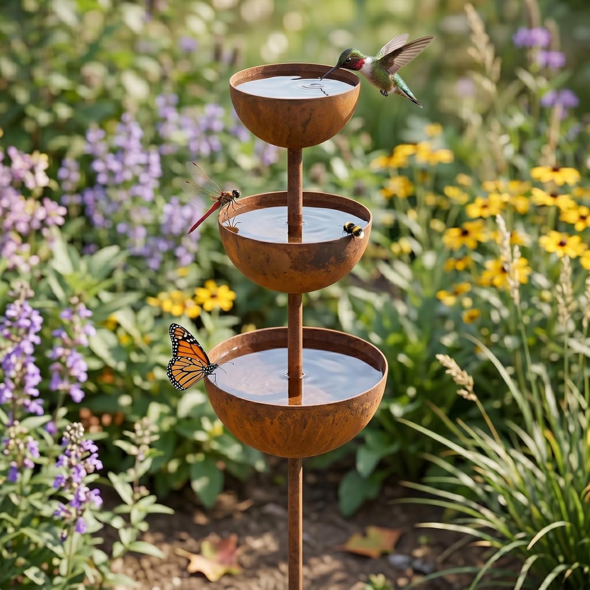 Bird bath rain collection trio of stakes full of water