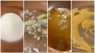 The sugar-melting and mixing process of making honeycomb candy from Squid Game