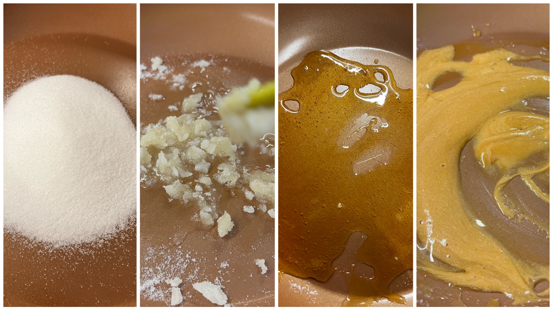 The sugar-melting and mixing process of making honeycomb candy from Squid Game