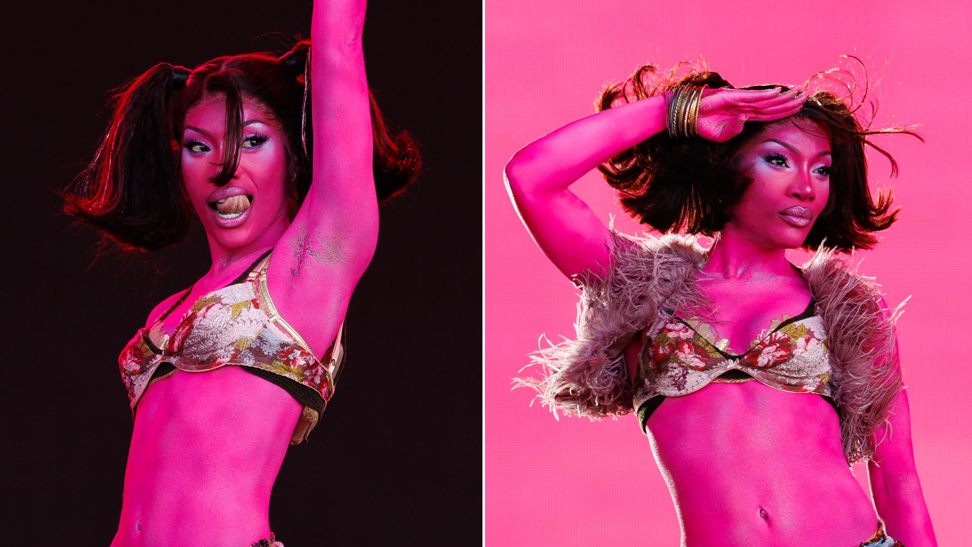 Doechii at Daisy Chain Fields Festival 2026 held at Great Park on August 29, 2026 in Irvine, California in neon pink body paint and biker boots