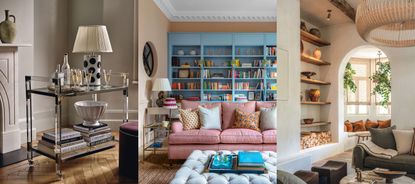 Three examples of living room storage ideas. Metal and glass drinks trolley, decorated with books, table lamp and glassware. Colorful living room with bespoke blue shelving. Neutral living room with niche alcove wooden shelving.