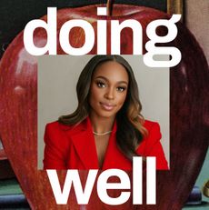 A black woman with long hair in a red jacket surrounded by art and white text that says &ldquo;doing well&rdquo;