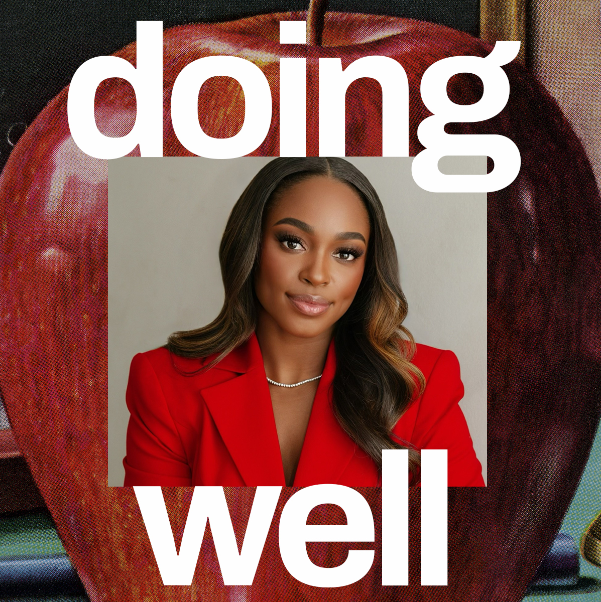A black woman with long hair in a red jacket surrounded by art and white text that says &ldquo;doing well&rdquo;