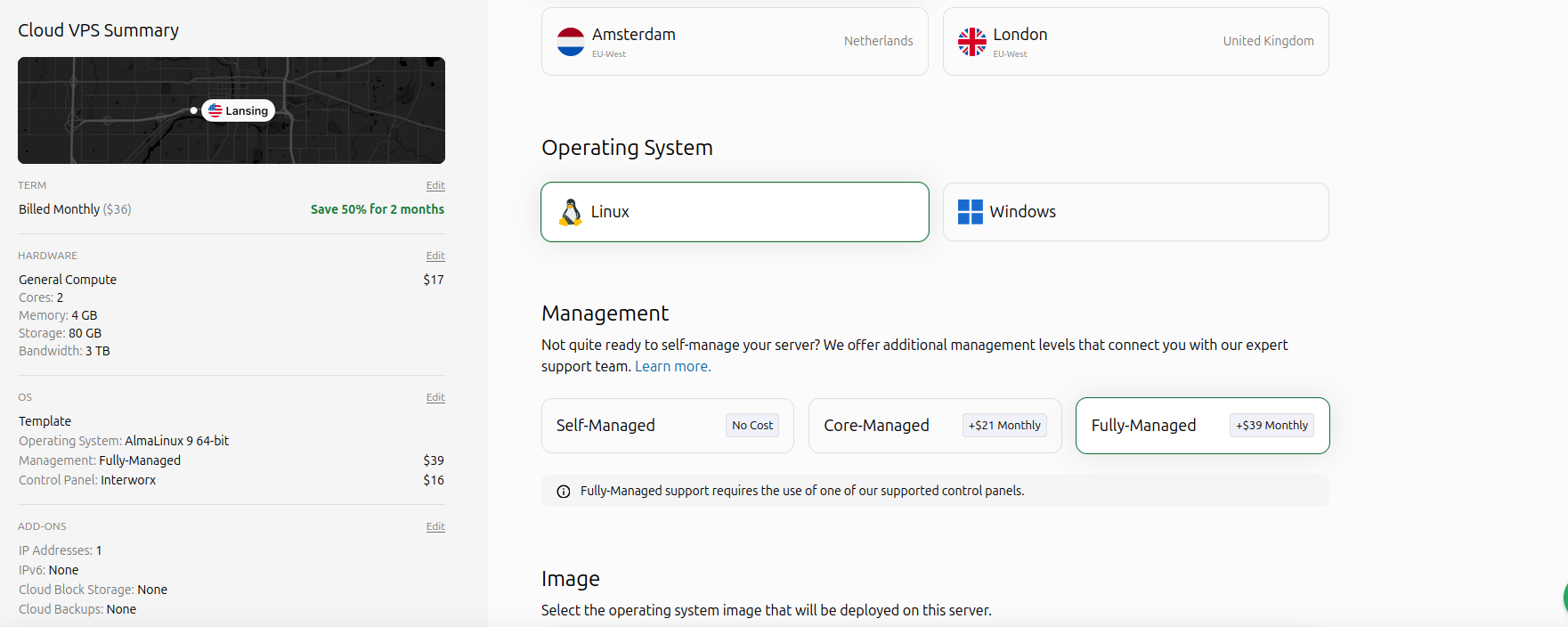 Selecting management level of a VPS