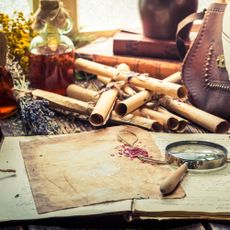 Old witcher laboratory full of plants, scrolls and recipe