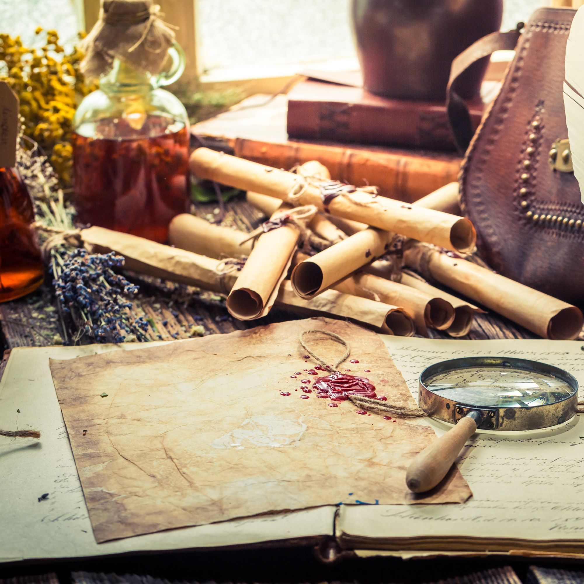 Old witcher laboratory full of plants, scrolls and recipe