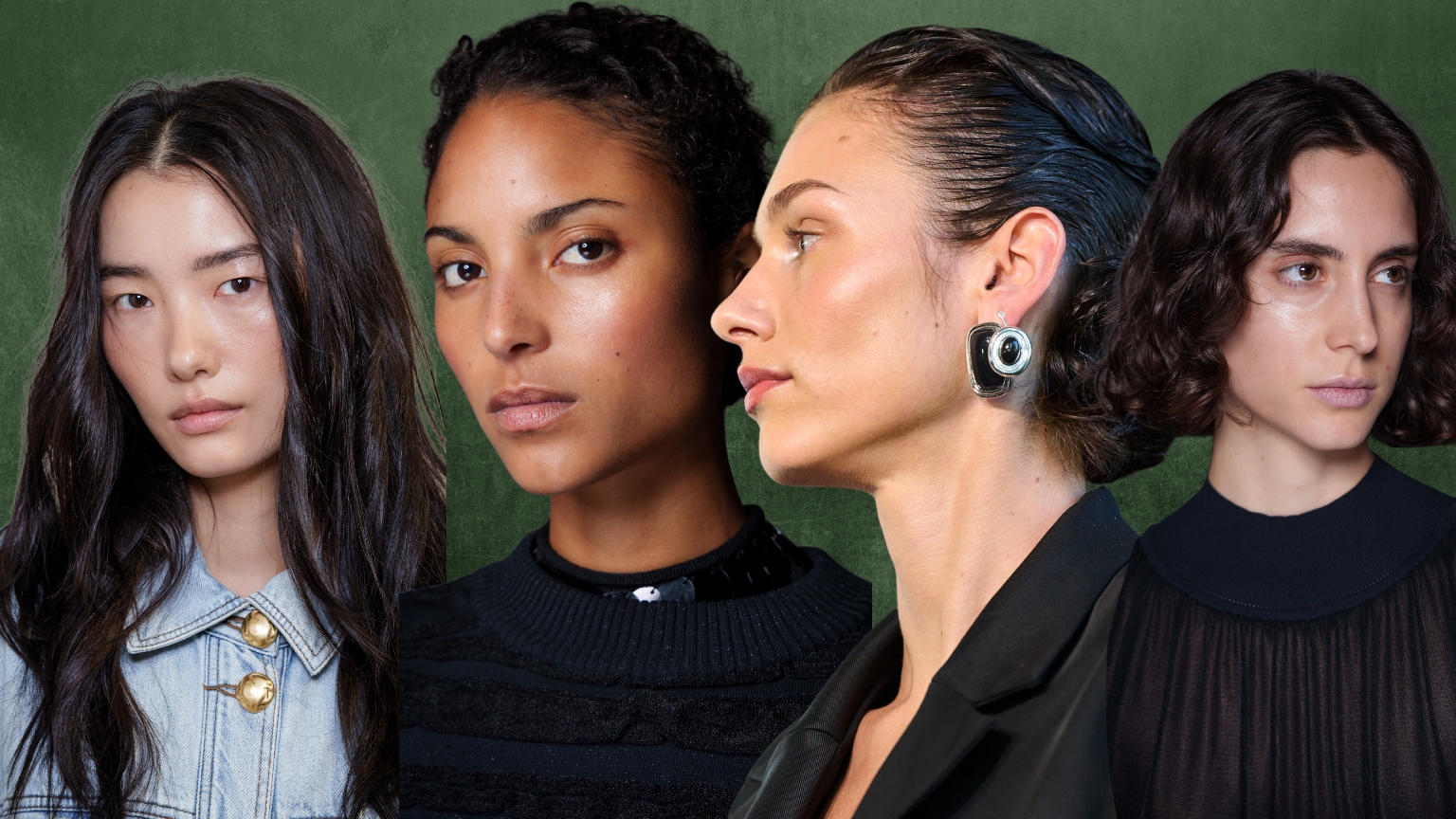 four women with glowing skin on a green background