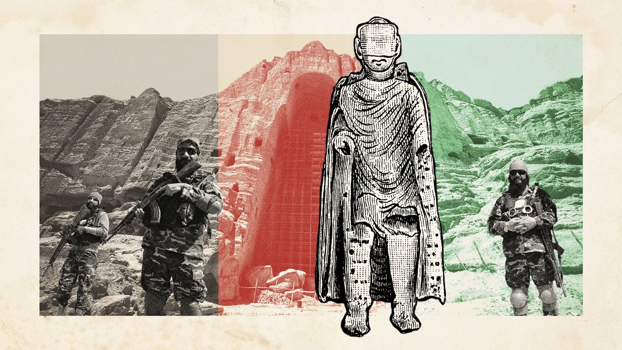 Photo collage of Taliban fighters standing in front of the empty ruins of Buddha of Bamiyan, tinted in the colours of the flag of Afghanistan. In front, there is an antique line drawing depicting the now destroyed Buddha of Bamiyan.