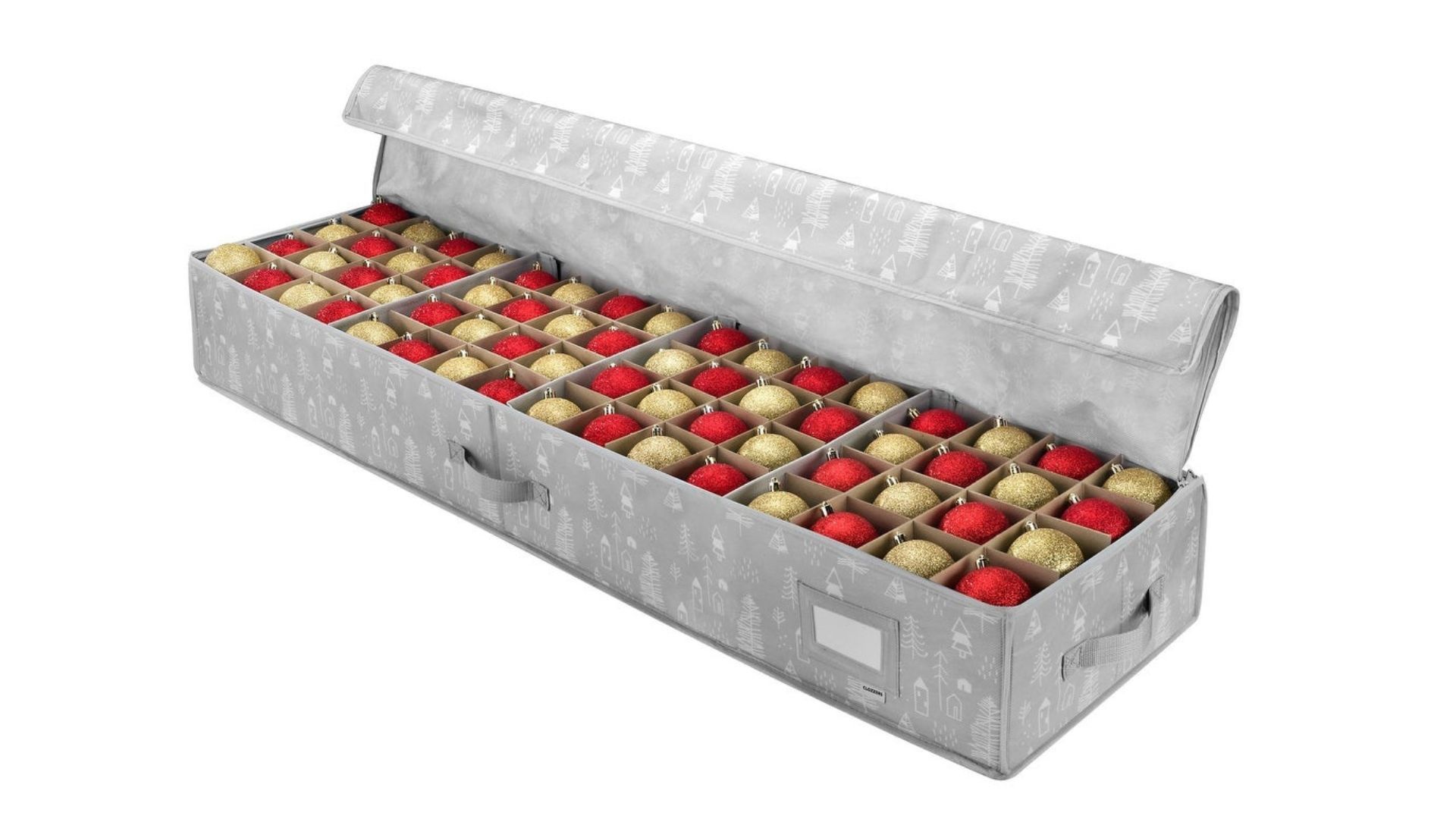 An opened gray long ornament box with red and gold ornaments, for the best ornament storage containers.